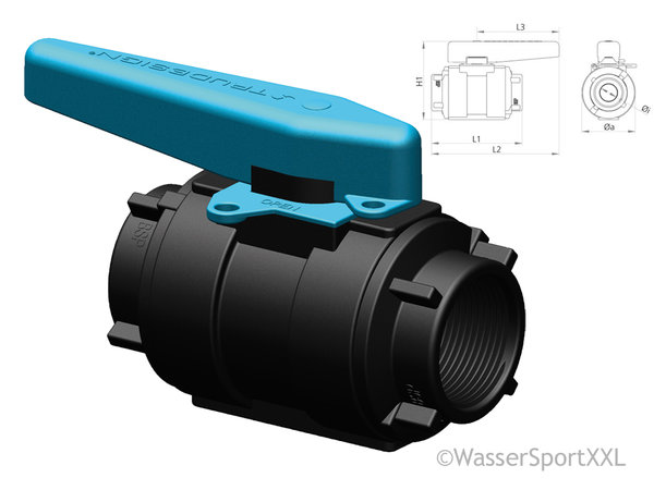 TRUDESIGN SB Pack Kugelventil 32mm BSP 1 1/2"IG aus Kunststoff,  mit blauem Kunststoffhebel