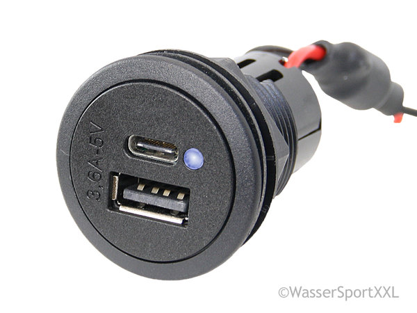 PRO CAR USB Doppel-Ladesteckdose Einbau12 / 24 V, Ausgang 5 V, 2x 2,5A - USB A & USB C mit LED